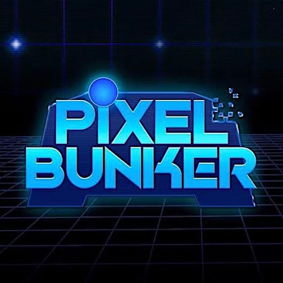 Retro blue Pixel Bunker text on grid background.